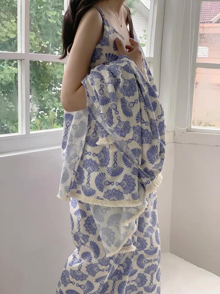Cotton Kimono Robe 3PCS Set: Blue Fan Print Loungewear - Linen Feel Pyjmas