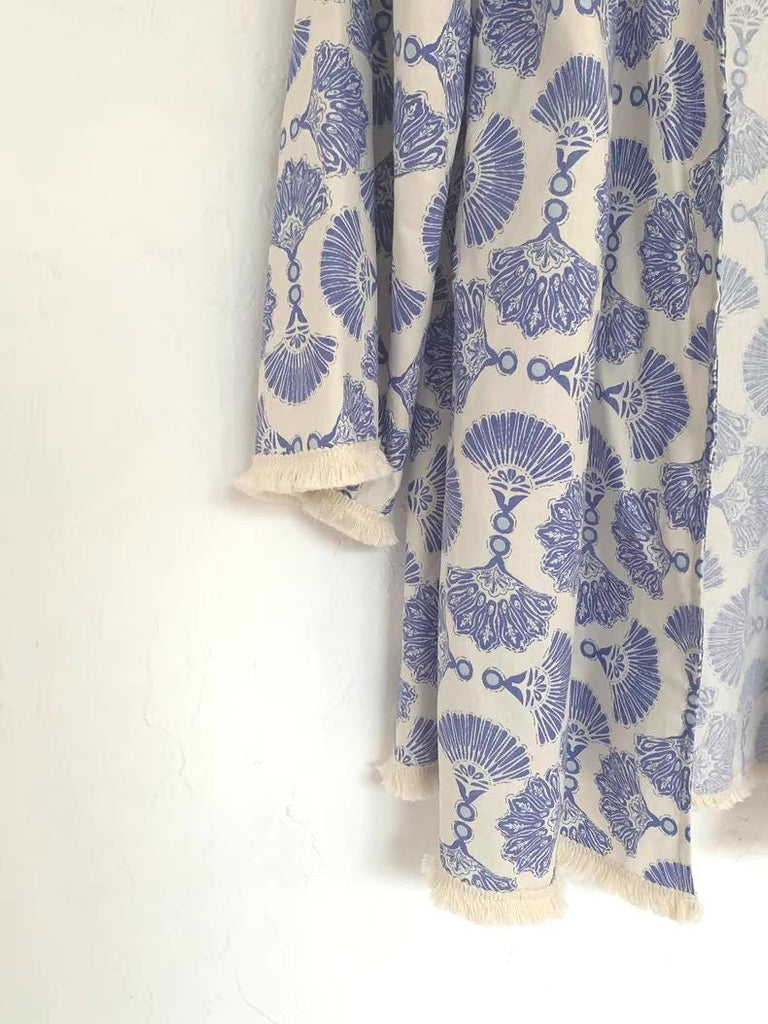 Cotton Kimono Robe 3PCS Set: Blue Fan Print Loungewear - Linen Feel Pyjmas
