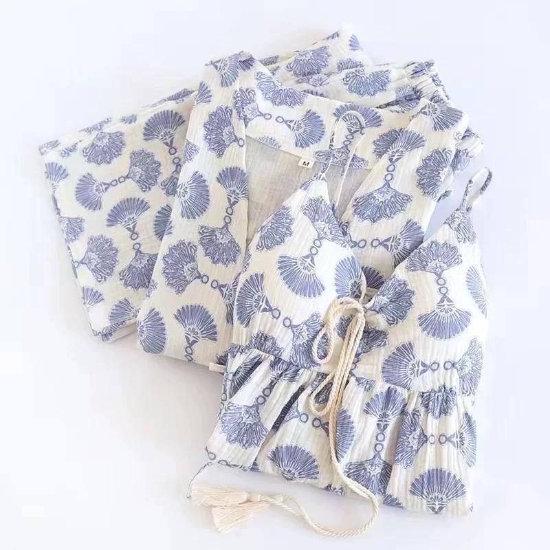 Cotton Kimono Robe 3PCS Set: Blue Fan Print Loungewear - Linen Feel Pyjmas