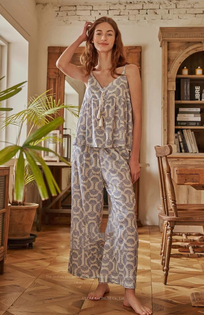 Cotton Kimono Robe 3PCS Set: Blue Fan Print Loungewear - Linen Feel Pyjmas
