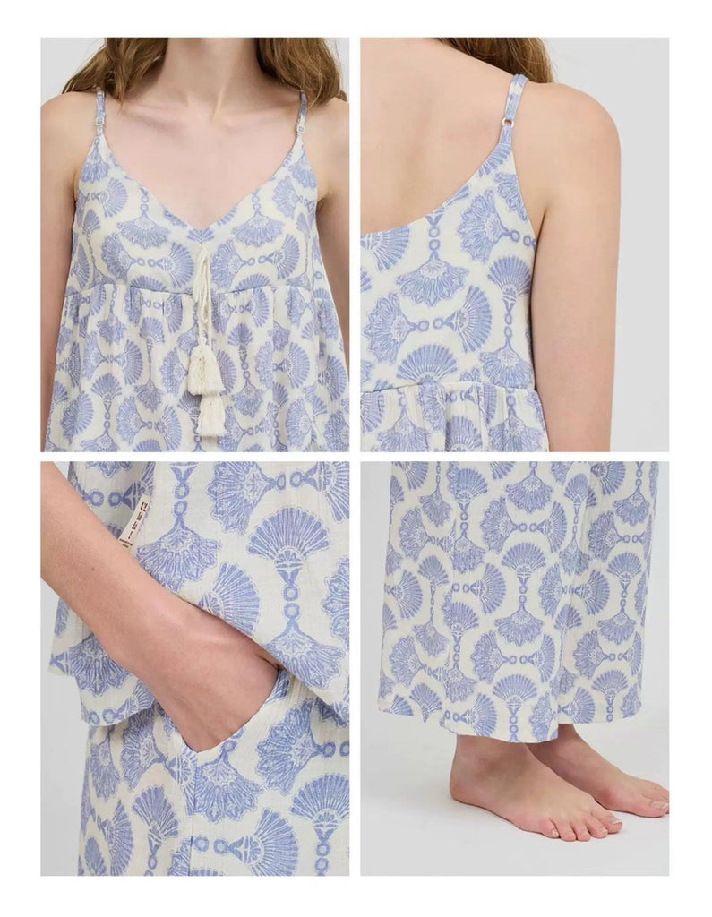 Cotton Kimono Robe 3PCS Set: Blue Fan Print Loungewear - Linen Feel Pyjmas