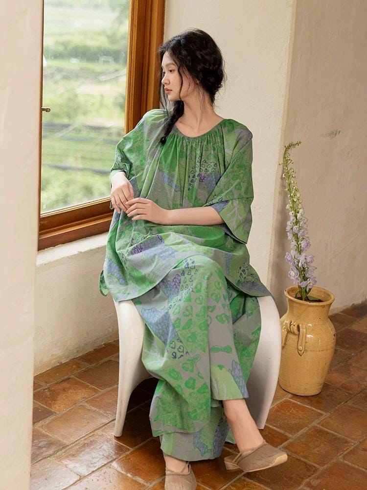 Bamboo Cotton Loungewear Set: Green Botanical Print, Oversized Fit