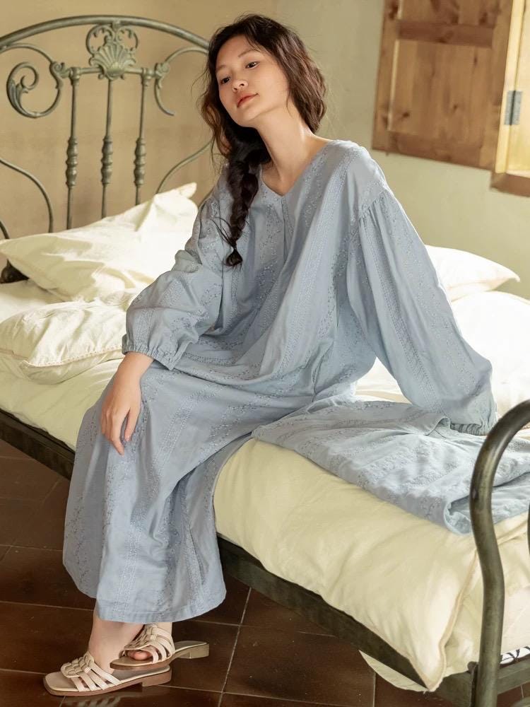Embroidered Cotton Gauze Robe Dress: Breathable Linen-Feel Kaftan Loungewear