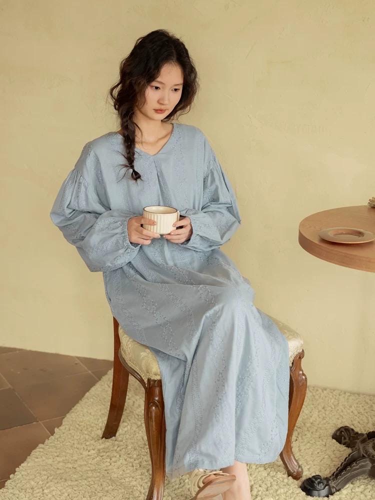 Embroidered Cotton Gauze Robe Dress: Breathable Linen-Feel Kaftan Loungewear