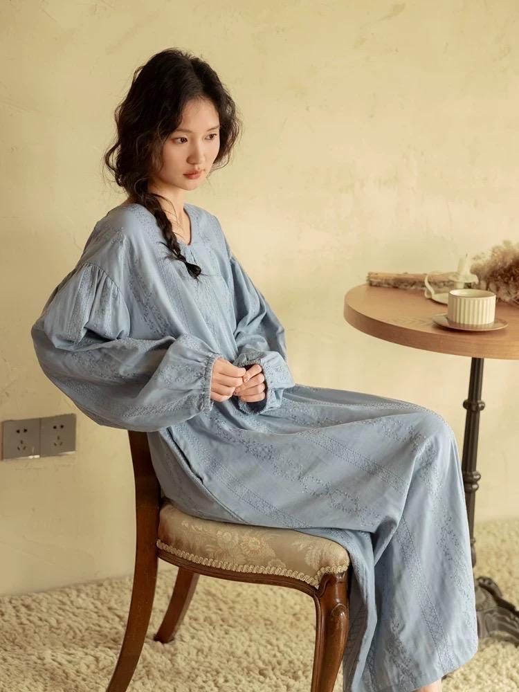 Embroidered Cotton Gauze Robe Dress: Breathable Linen-Feel Kaftan Loungewear