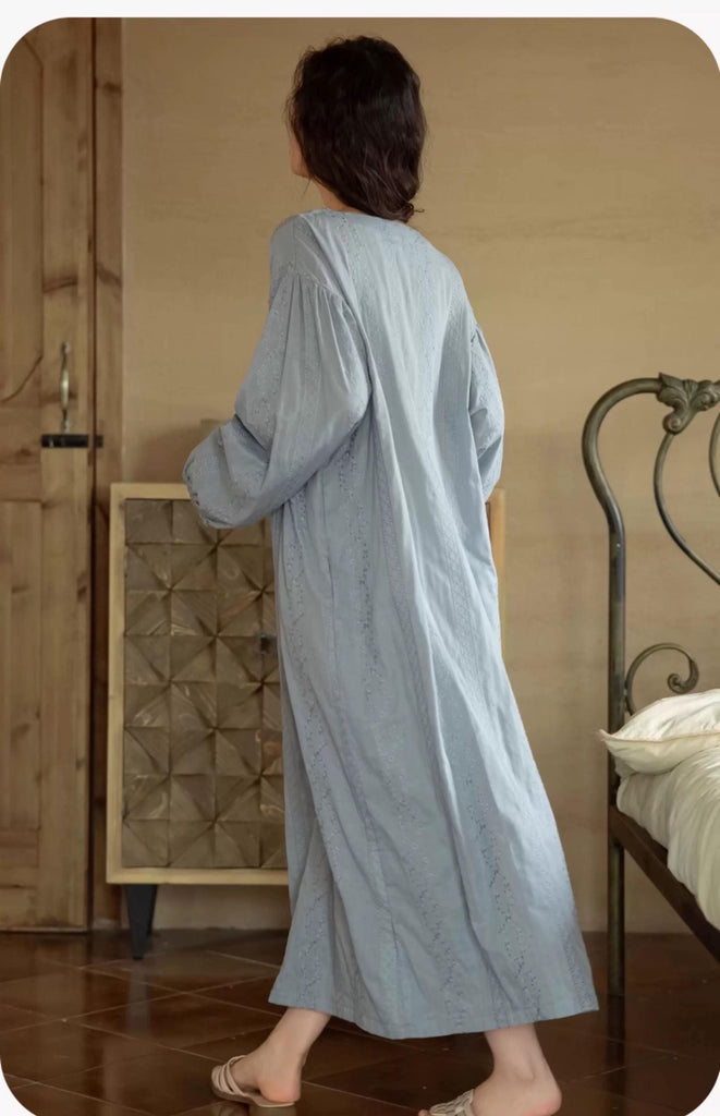 Embroidered Cotton Gauze Robe Dress: Breathable Linen-Feel Kaftan Loungewear