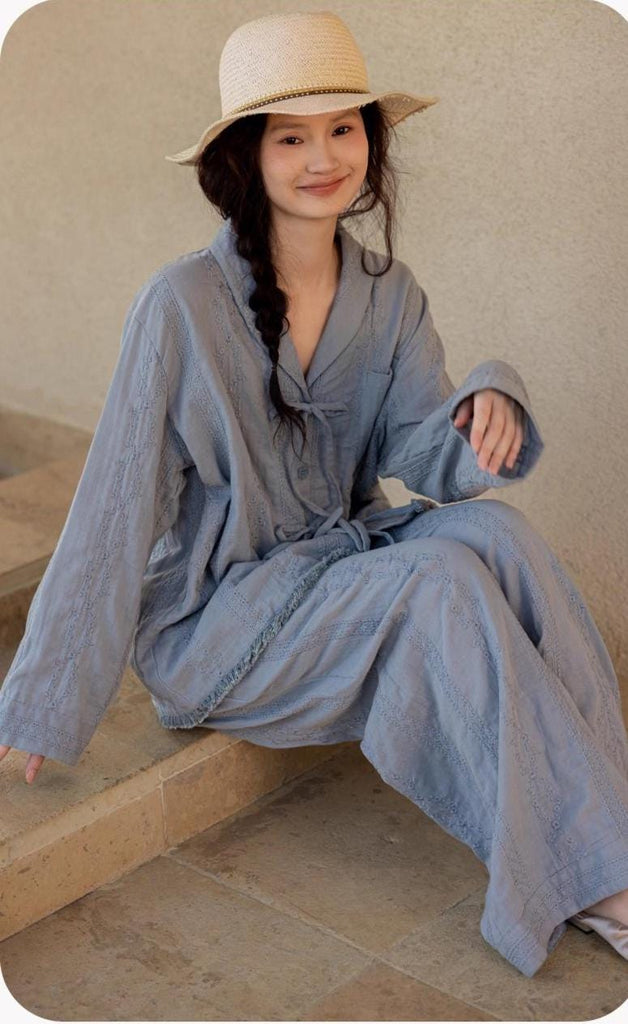 Gauze Cotton Loungewear Set: Breathable Linen-Look Pajamas