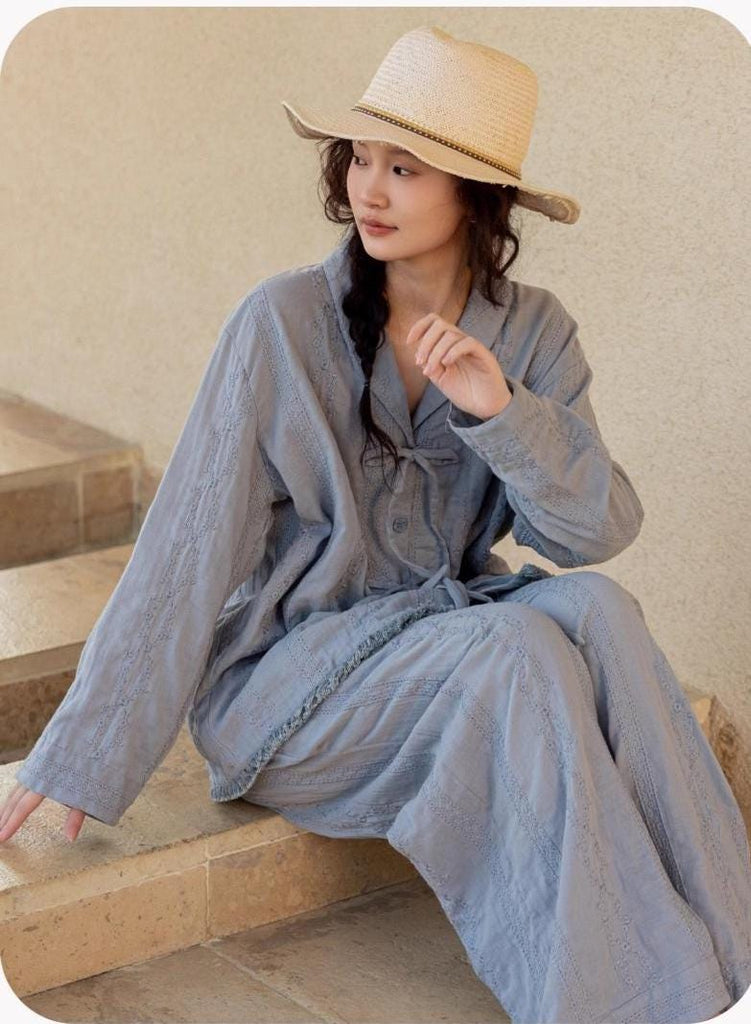 Gauze Cotton Loungewear Set: Breathable Linen-Look Pajamas