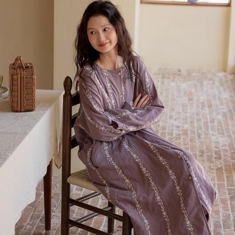Bohemian Embroidered Cotton Gauze Loungewear Set | Two-Piece Pants or Dress Robe Style | Soft Breathable Sleepwear Home Outfit for Women
