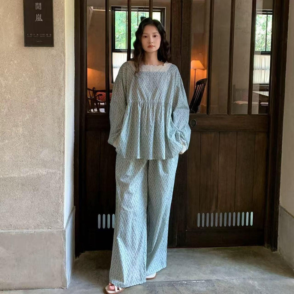 Vintage Floral Bamboo Cotton Loungewear Set – Lace Trim Pyjamas for Women - Japandi-loungewear fusion - Eco-Friendly Sleepwear