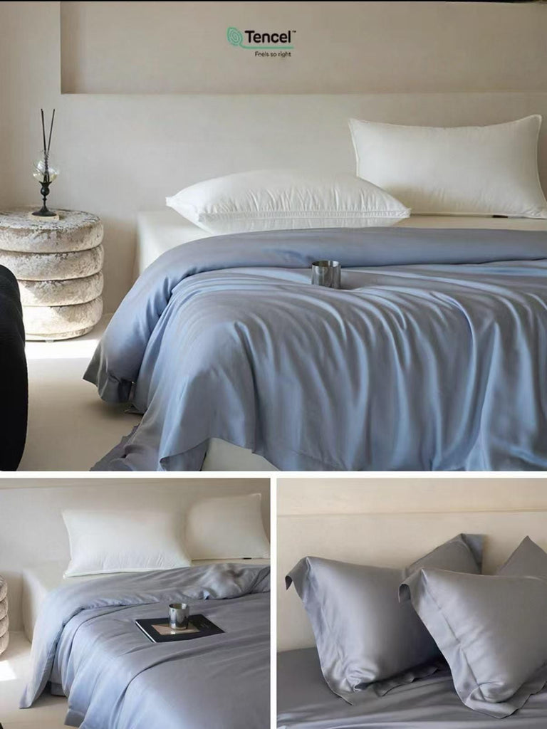 TENCEL Lyocell Four PCS Bedding Set: Bed Sheet, Duvet Cover and Two Pillowcases, Eucalyptus Fiber, Cooling Luxury Bedding, Silk Beddings