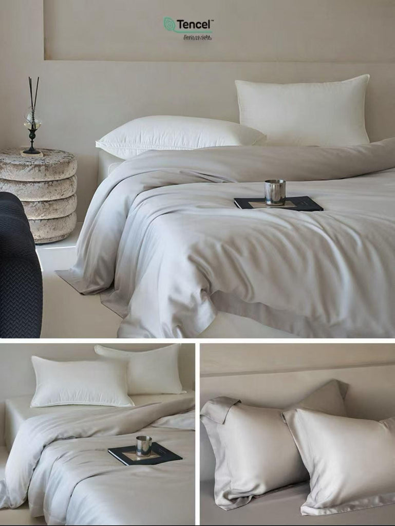 TENCEL Lyocell Four PCS Bedding Set: Bed Sheet, Duvet Cover and Two Pillowcases, Eucalyptus Fiber, Cooling Luxury Bedding, Silk Beddings