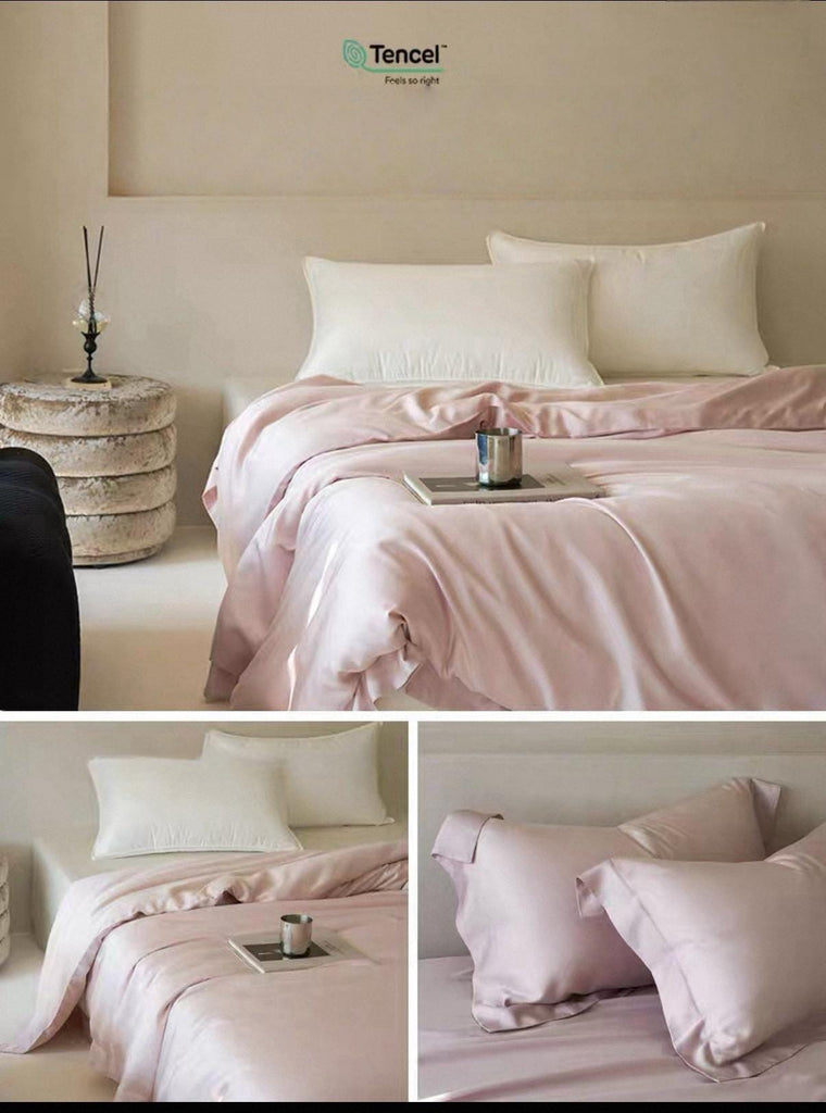TENCEL Lyocell Four PCS Bedding Set: Bed Sheet, Duvet Cover and Two Pillowcases, Eucalyptus Fiber, Cooling Luxury Bedding, Silk Beddings