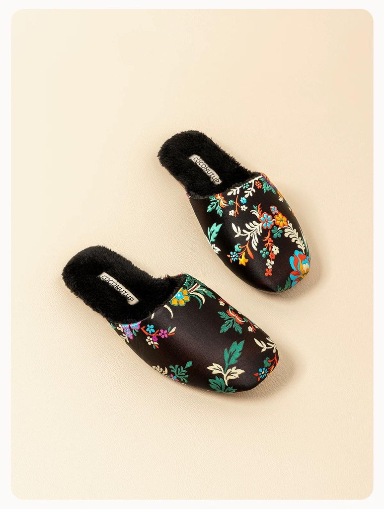 Embroidered Winter Slippers: Warm Faux Fur House Shoes with Chinese Dragon Design