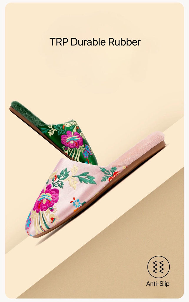 Embroidered Winter Slippers: Warm Faux Fur House Shoes with Chinese Dragon Design