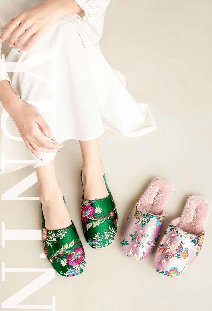 Women’s Embroidered Silk Slippers - Cozy Indoor House Shoes with Traditional Chinese Floral Patterns - Unique Cultural Gift for Her