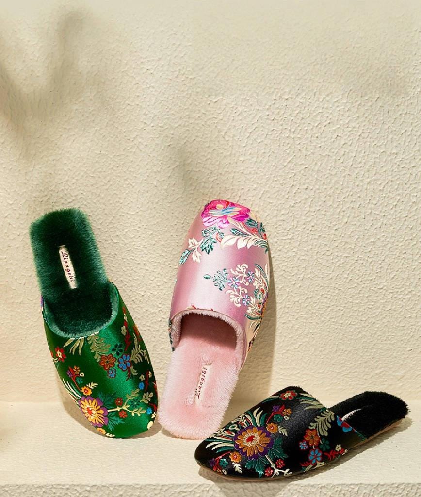 Women’s Embroidered Silk Slippers - Cozy Indoor House Shoes with Traditional Chinese Floral Patterns - Unique Cultural Gift for Her