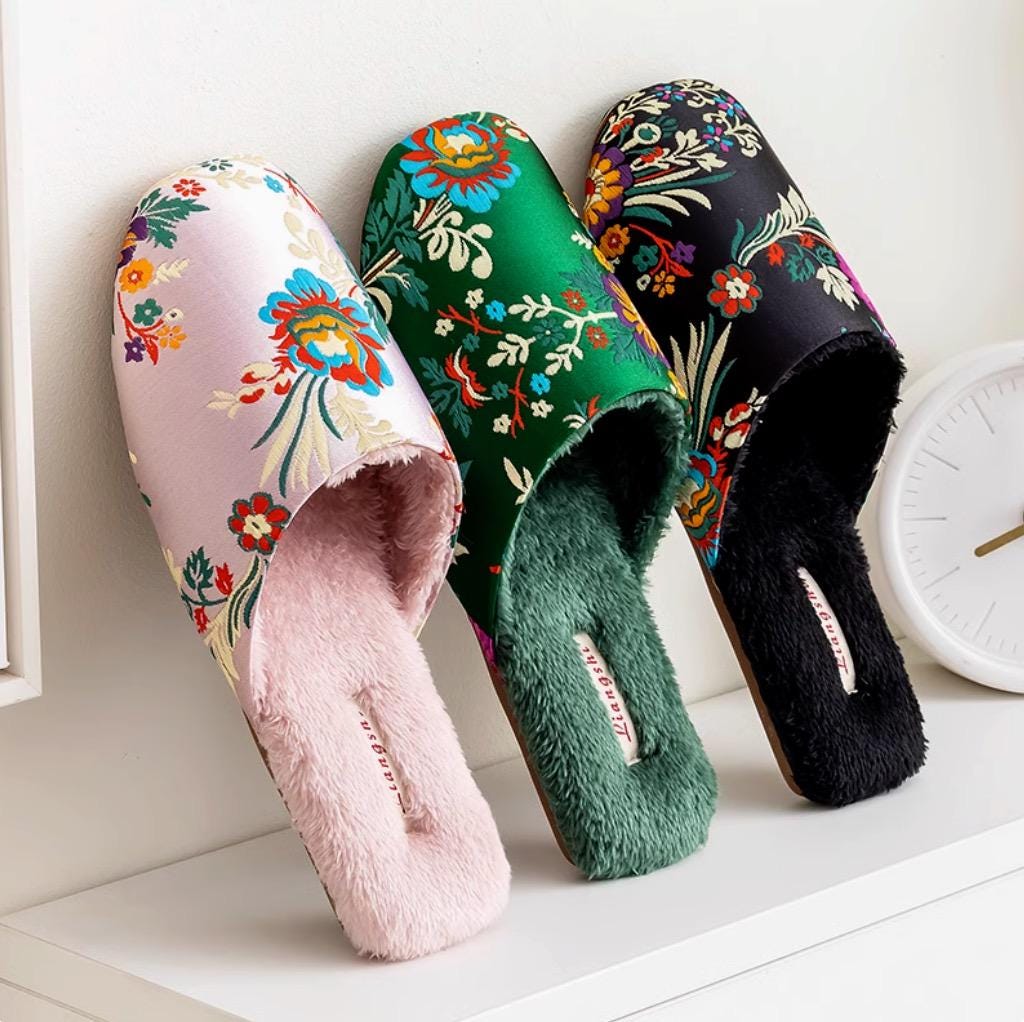 Women’s Embroidered Silk Slippers - Cozy Indoor House Shoes with Traditional Chinese Floral Patterns - Unique Cultural Gift for Her