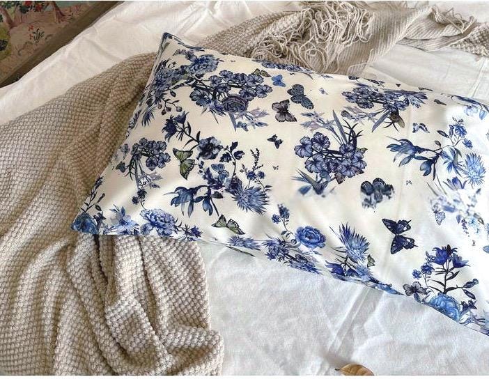 Gift for mum Luxury 22mm Silk Pillowcase - Blue Floral Butterfly Print | 100% Mulberry Silk Pillow Cover | Hypoallergenic Silk Bedding | Anti-Frizzy Hair