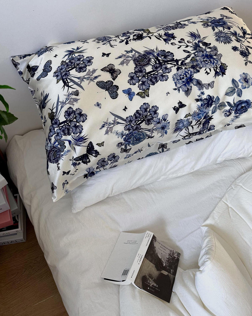 Mulberry Silk Pillowcase: Blue Floral Print, Hypoallergenic Silk Bedding
