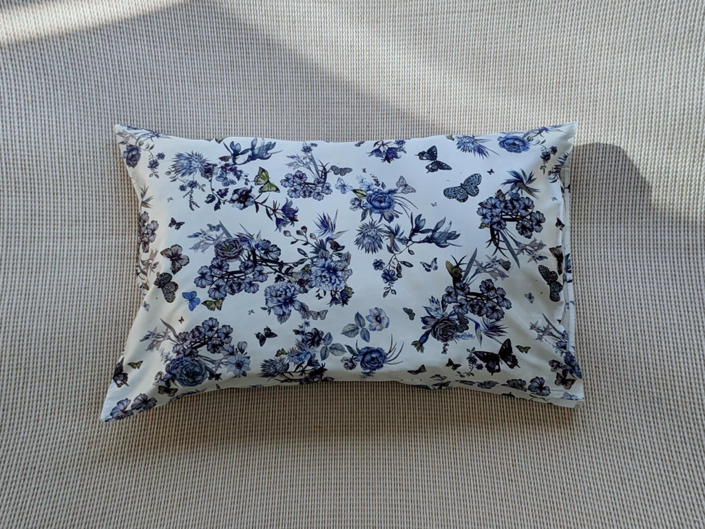 Luxury 22mm Silk Pillowcase - Blue Floral Butterfly Print | 100% Mulberry Silk Pillow Cover | Hypoallergenic Silk Bedding | Anti-Frizzy Hair