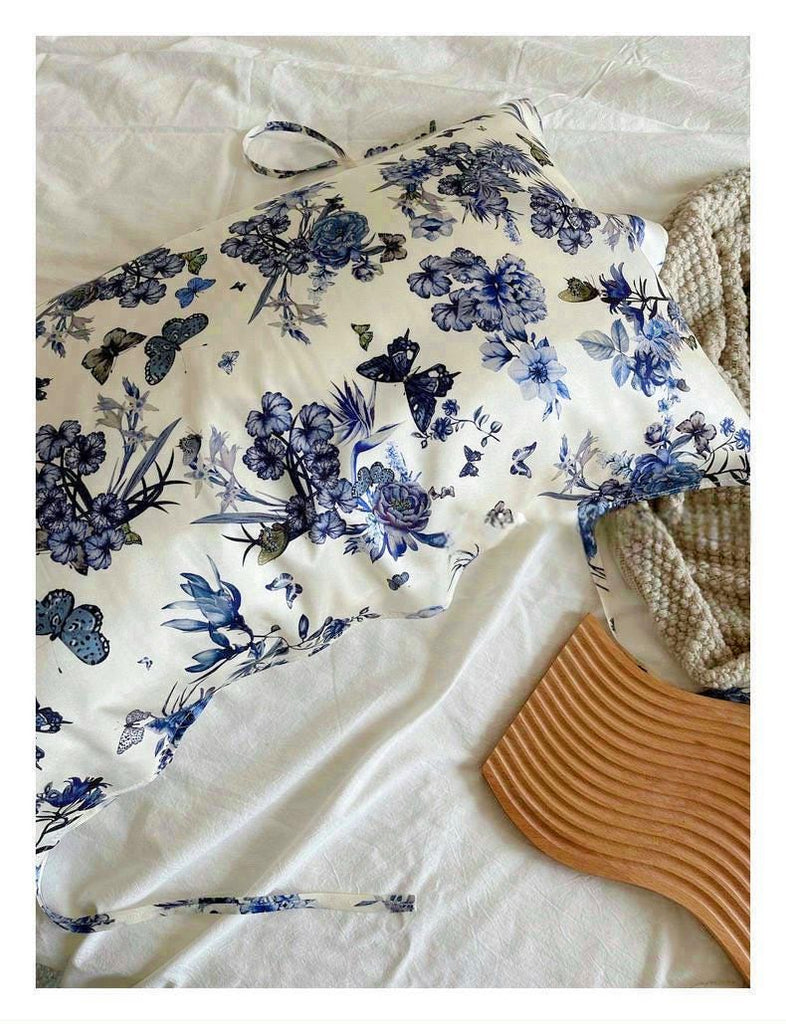 Luxury 22mm Silk Pillowcase - Blue Floral Butterfly Print | 100% Mulberry Silk Pillow Cover | Hypoallergenic Silk Bedding | Anti-Frizzy Hair