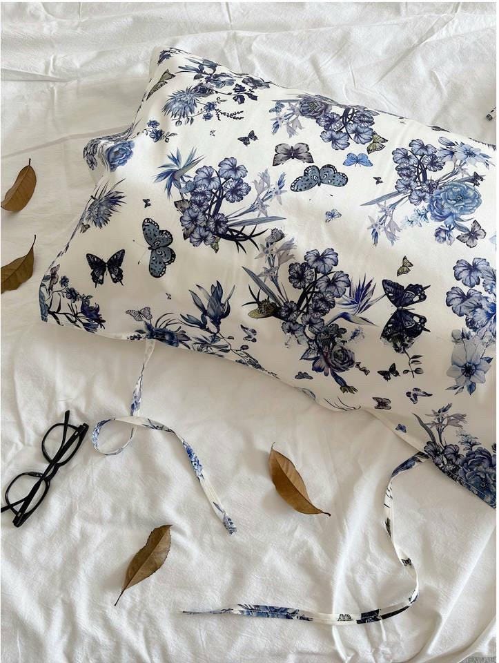 Luxury 22mm Silk Pillowcase - Blue Floral Butterfly Print | 100% Mulberry Silk Pillow Cover | Hypoallergenic Silk Bedding | Anti-Frizzy Hair Mother’s Day gift
