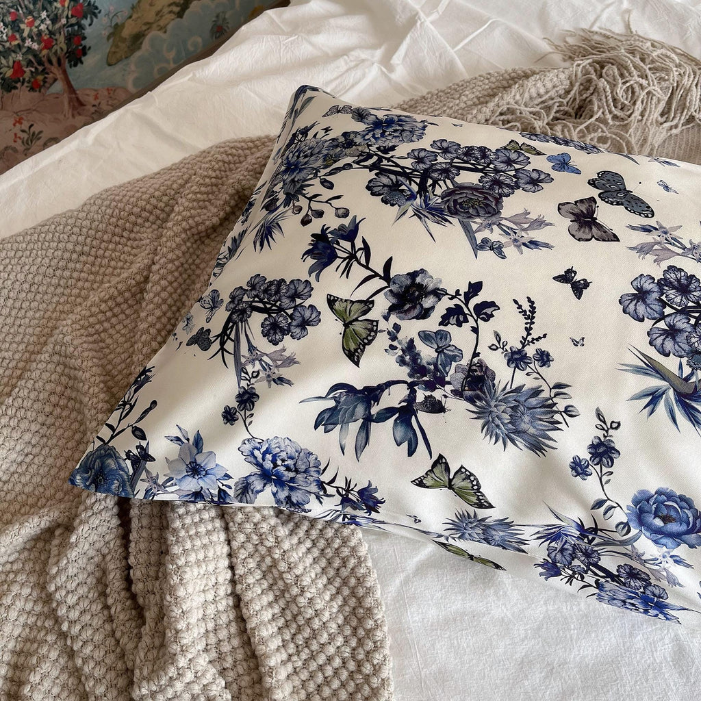 Luxury 22mm Silk Pillowcase - Blue Floral Butterfly Print | 100% Mulberry Silk Pillow Cover | Hypoallergenic Silk Bedding | Anti-Frizzy Hair