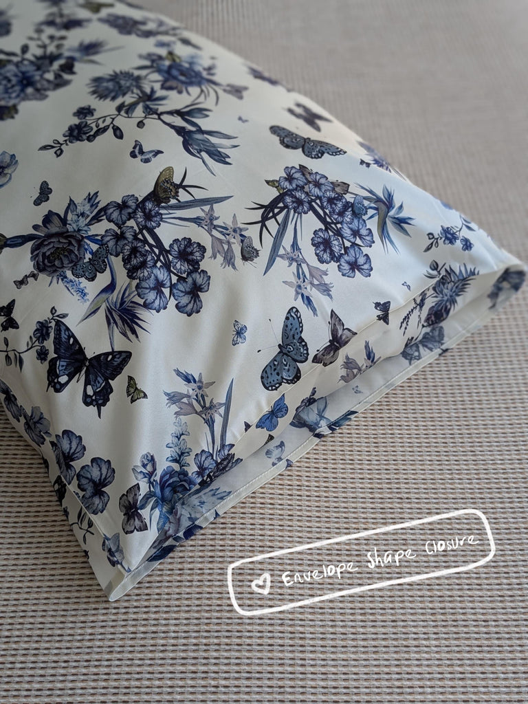 Luxury 22mm Silk Pillowcase - Blue Floral Butterfly Print | 100% Mulberry Silk Pillow Cover | Hypoallergenic Silk Bedding | Anti-Frizzy Hair
