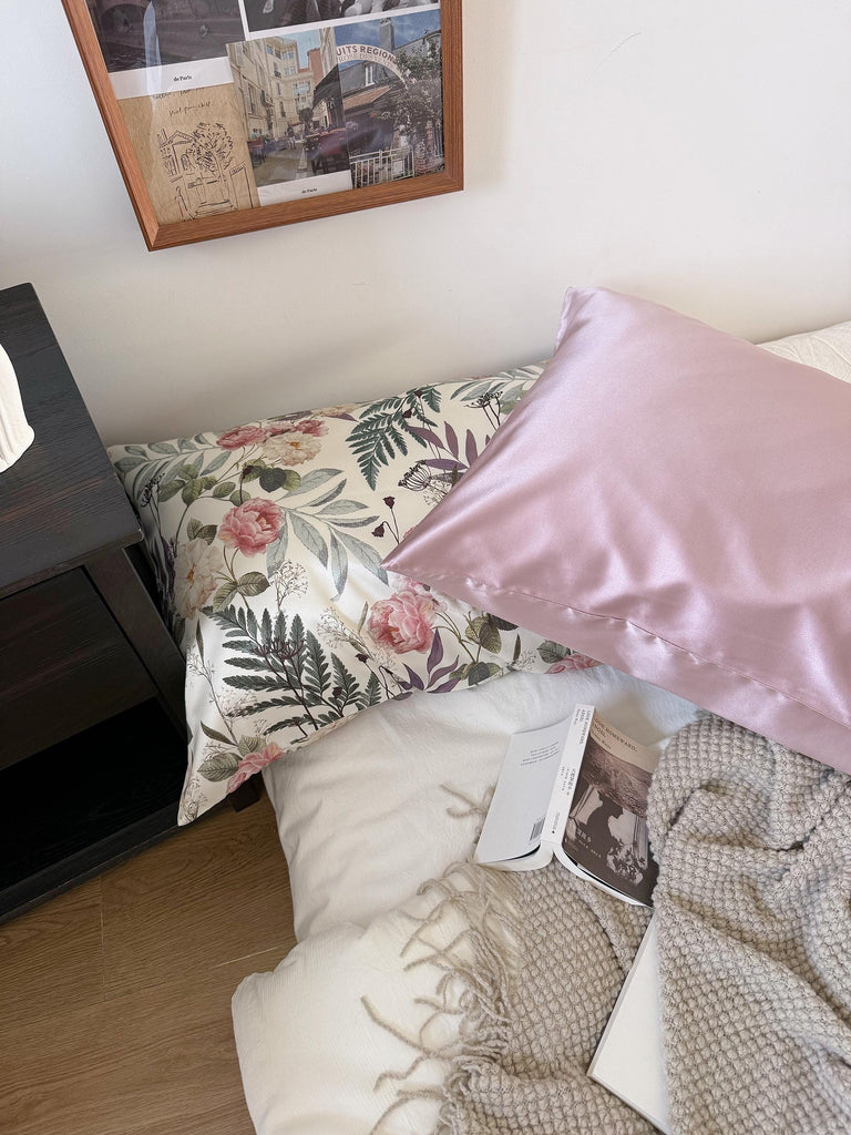 100% Mulberry Silk Pillowcase Peony Pattern White Silk Pillowcase Anti-Aging Beauty Sleep Pillowcase for Hair and Skin Care Silk Beddings