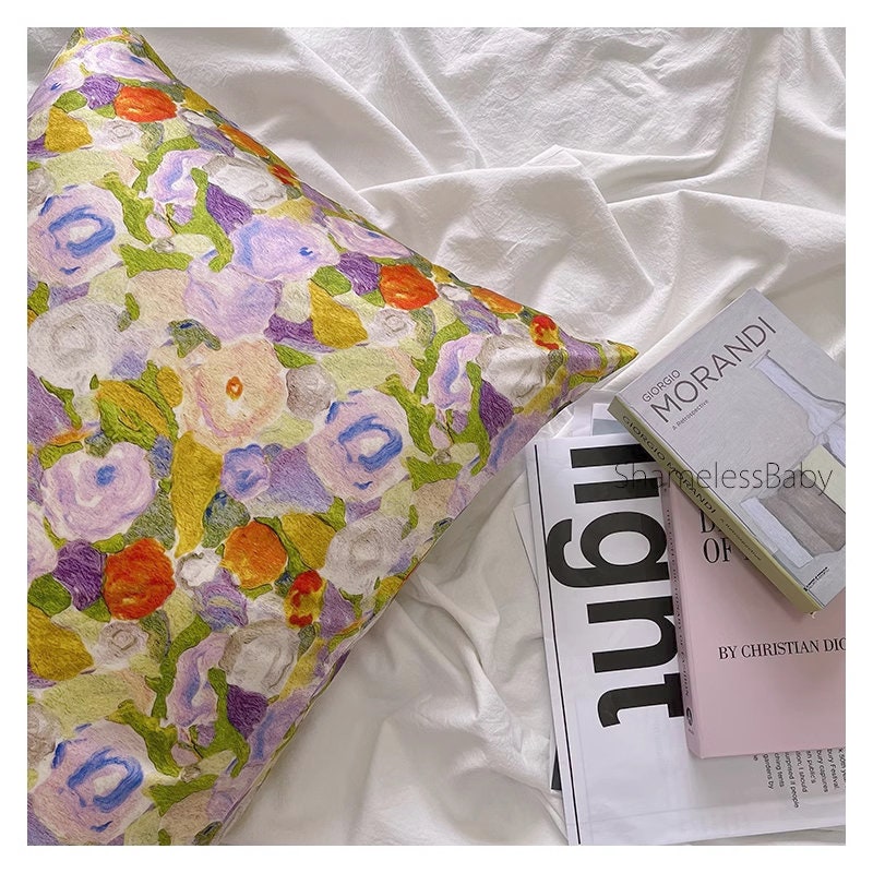 Floral Silk Pillowcase Impressionism Style Mulberry Silk Pillow Floral - Luxury Pillowcase with Silk Eye Mask Set for for Beauty Sleep
