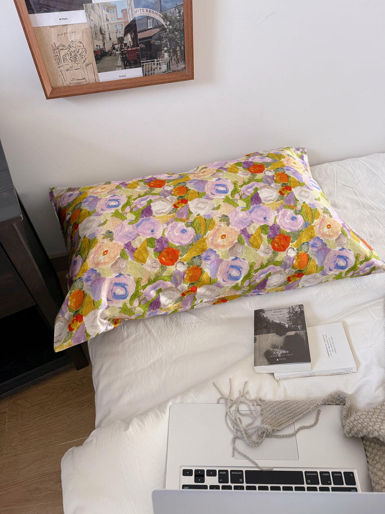 Floral Silk Pillowcase Impressionism Style Mulberry Silk Pillow Floral - Luxury Pillowcase with Silk Eye Mask Set for for Beauty Sleep