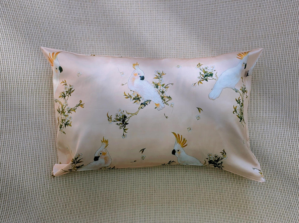 Luxury Silk Pillowcase, Minimalist Cockatoo Design, Vintage-Inspired Cottagecore Bedding, Envelope Closure, Soft & Hypoallerenic Pillow Case
