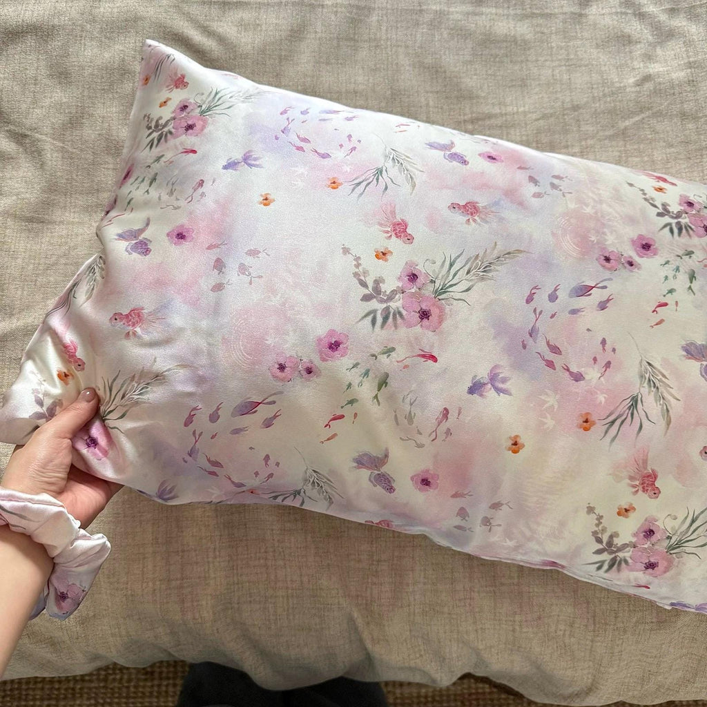 Pink Koi Fish Silk Pillowcase with Scrunchie: 25 Momme Mulberry Silk