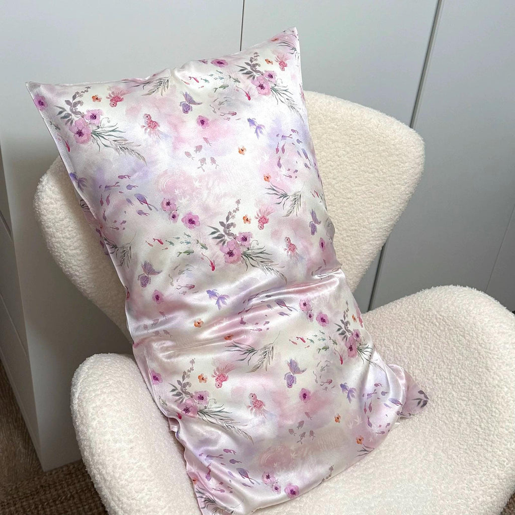 Pink Koi Fish Silk Pillowcase with Scrunchie: 25 Momme Mulberry Silk