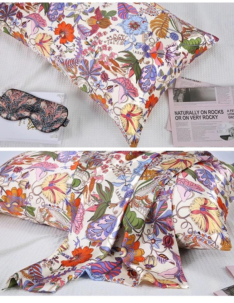 Floral Silk Pillowcase - 100% Mulberry Silk Luxury Damask Silk Pillow Cover, Breathable & Hypoallergenic, Anti-Frizz & Anti-Wrinkle, Valentine Gift for Her