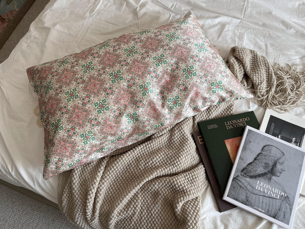 Vintage Style Silk Pillowcase by 6A Grade 22 Momme Silk Vintage Tile Pattern, Cottagecore & Boho Chic Silk Bedding Soft Breathable Pillow