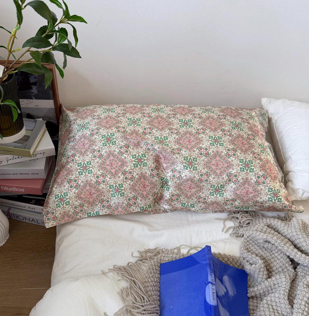 Vintage Style Silk Pillowcase by 6A Grade 22 Momme Silk Vintage Tile Pattern, Cottagecore & Boho Chic Silk Bedding Soft Breathable Pillow