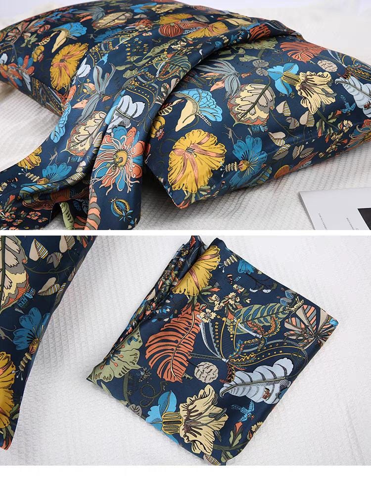 Silk Pillowcase Floral Print – 100% Mulberry Silk for Hair & Skin, Luxury Botanical Bedding, Oriental Design Gift for Her