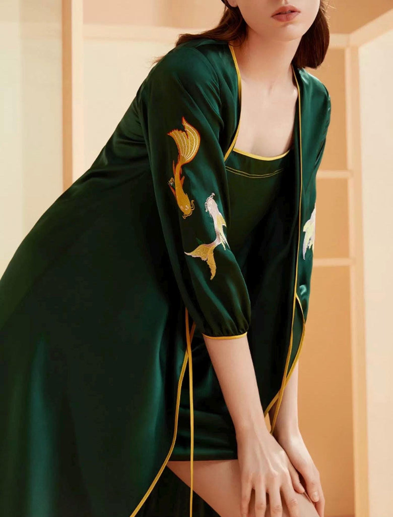 Luxury Silk Embroidered Dressing Gown – Pure Mulberry Silk Robe, Wide Fit Kimono, Chinese Inspired Loungewear, Elegant Silk Nightgown, Homewear