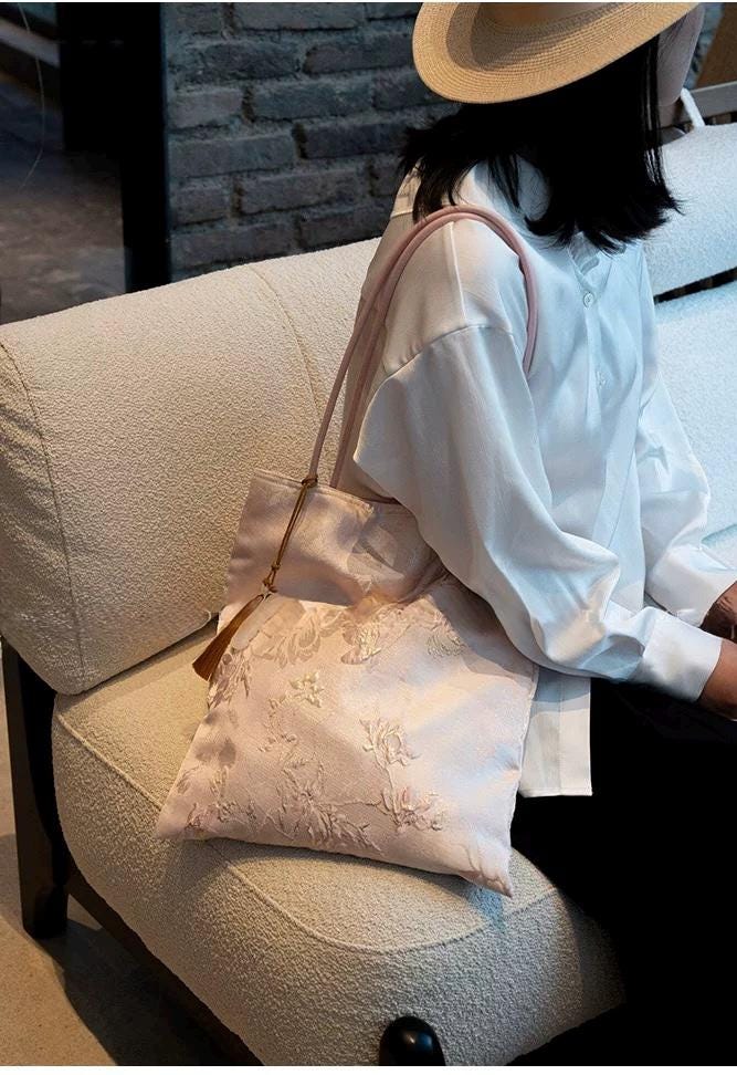 Handmade Silk Embroidered Tote Bag: Oriental Swallow Design