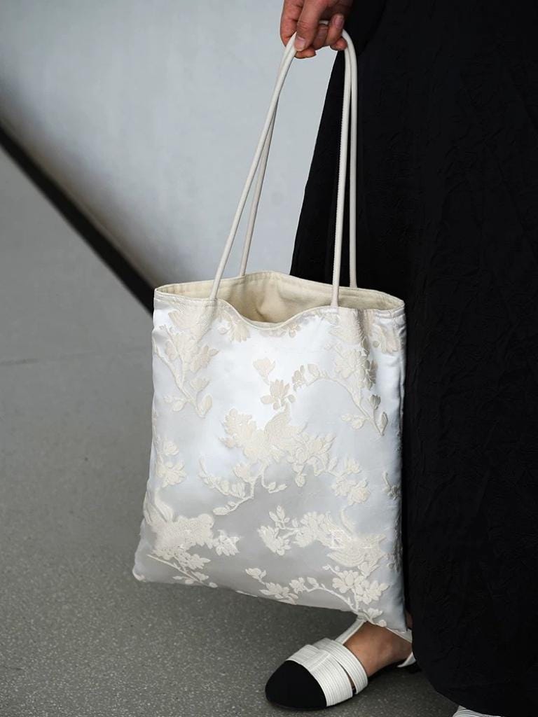 Handmade Silk Embroidered Tote Bag: Oriental Swallow Design
