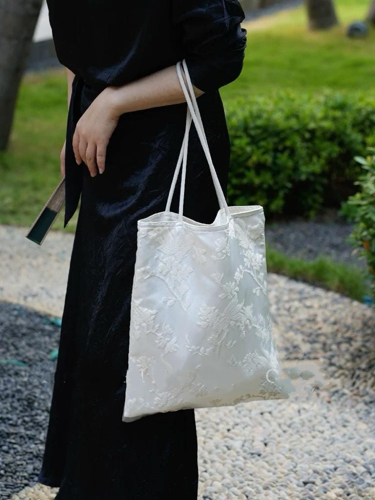Handmade Silk Embroidered Tote Bag: Oriental Swallow Design