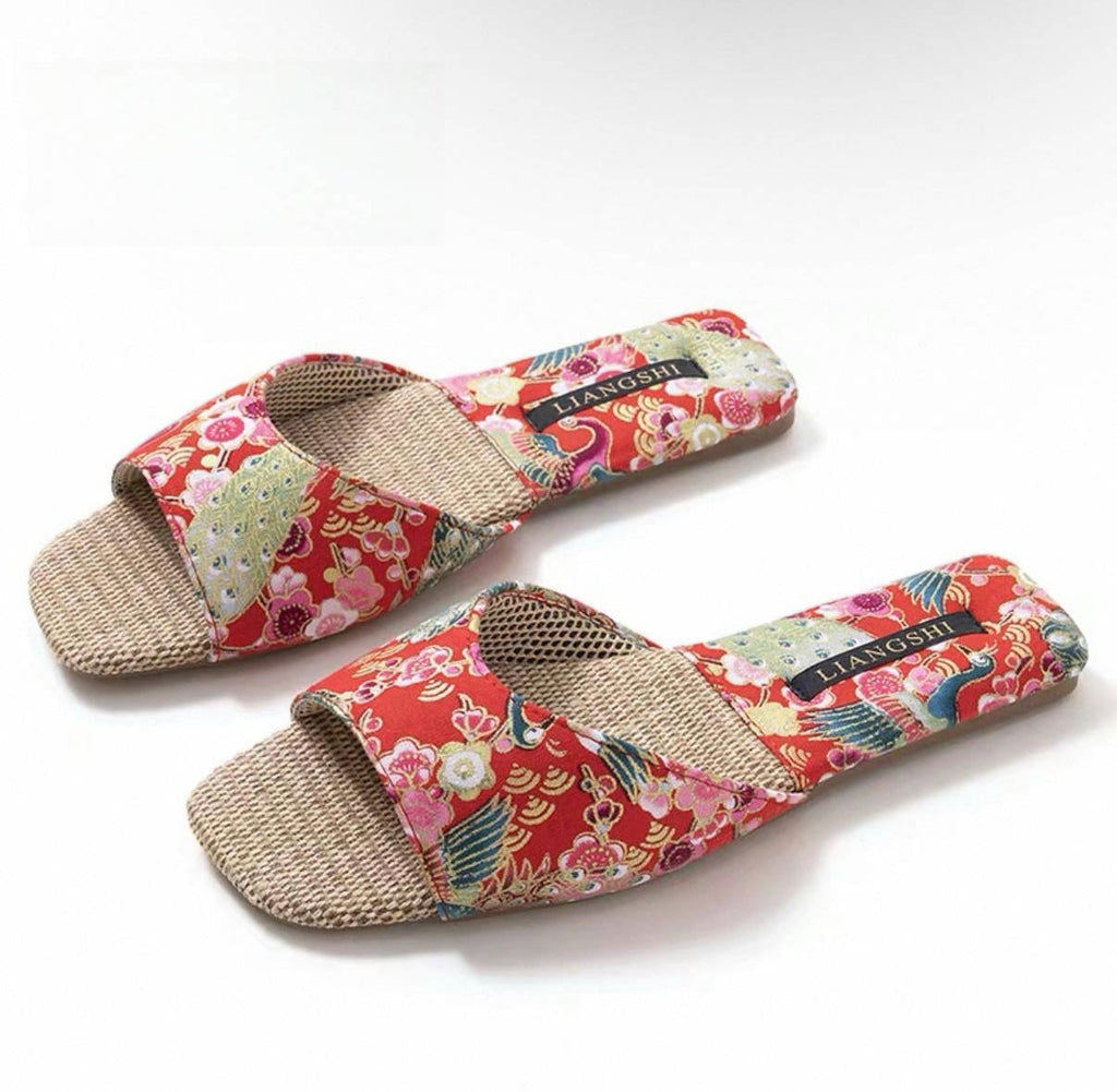 Embroidered Oriental Slippers: Handmade Open Totes Footwear, Causual House Shoes