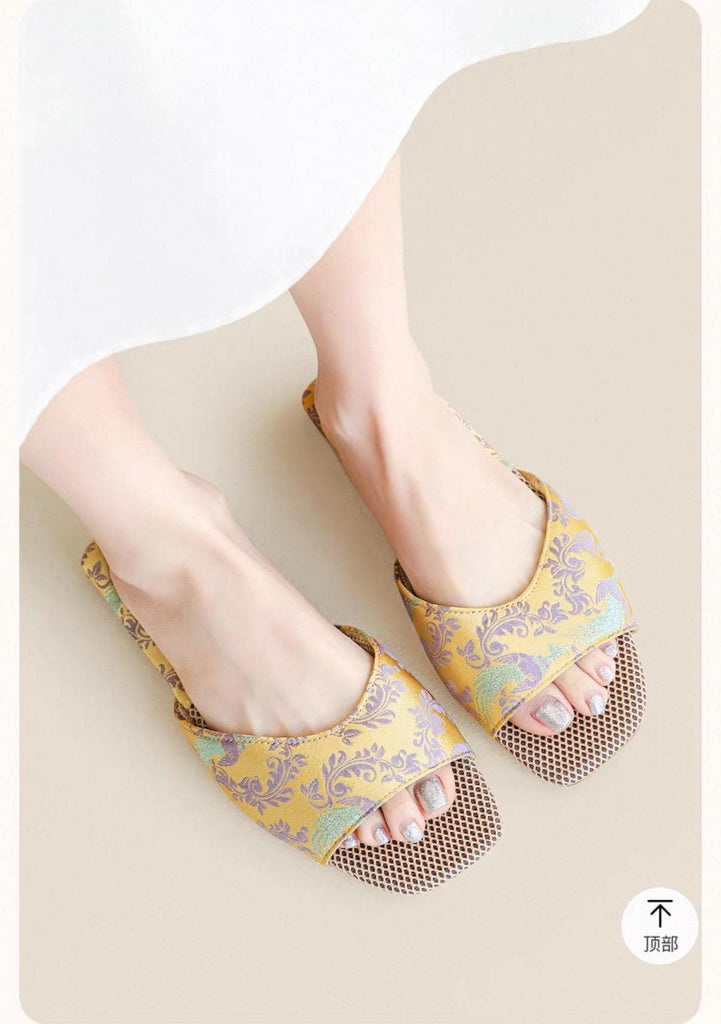 Oriental Satin Embroidered Slippers for Women Year-Round Anti-Slip House Shoes with Air Cushion Sole Elegant Silk Brocade Indoor Footwear