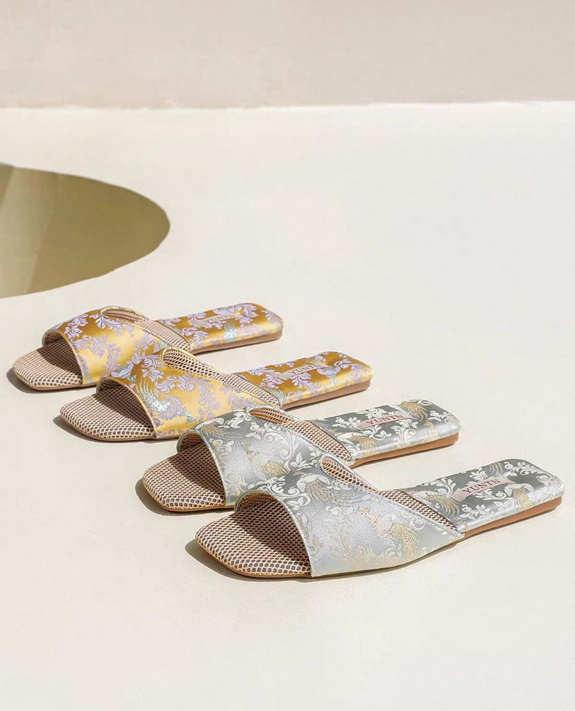 Oriental Satin Embroidered Slippers for Women Year-Round Anti-Slip House Shoes with Air Cushion Sole Elegant Silk Brocade Indoor Footwear