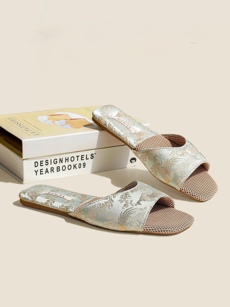 Oriental Satin Embroidered Slippers for Women Year-Round Anti-Slip House Shoes with Air Cushion Sole Elegant Silk Brocade Indoor Footwear
