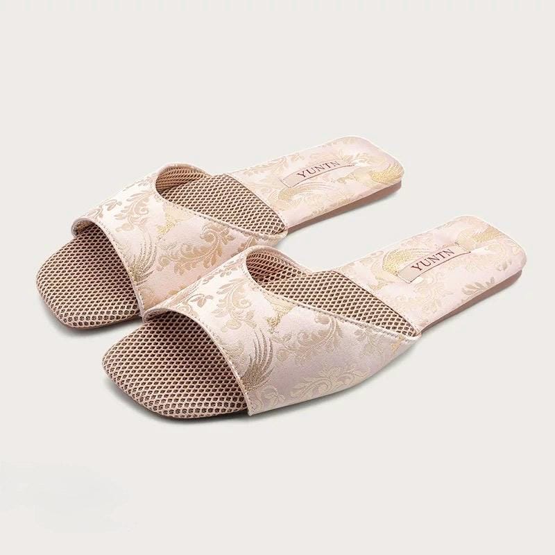 Oriental Satin Embroidered Slippers for Women Year-Round Anti-Slip House Shoes with Air Cushion Sole Elegant Silk Brocade Indoor Footwear