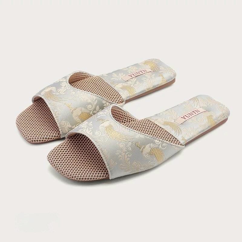 Oriental Satin Embroidered Slippers for Women Year-Round Anti-Slip House Shoes with Air Cushion Sole Elegant Silk Brocade Indoor Footwear