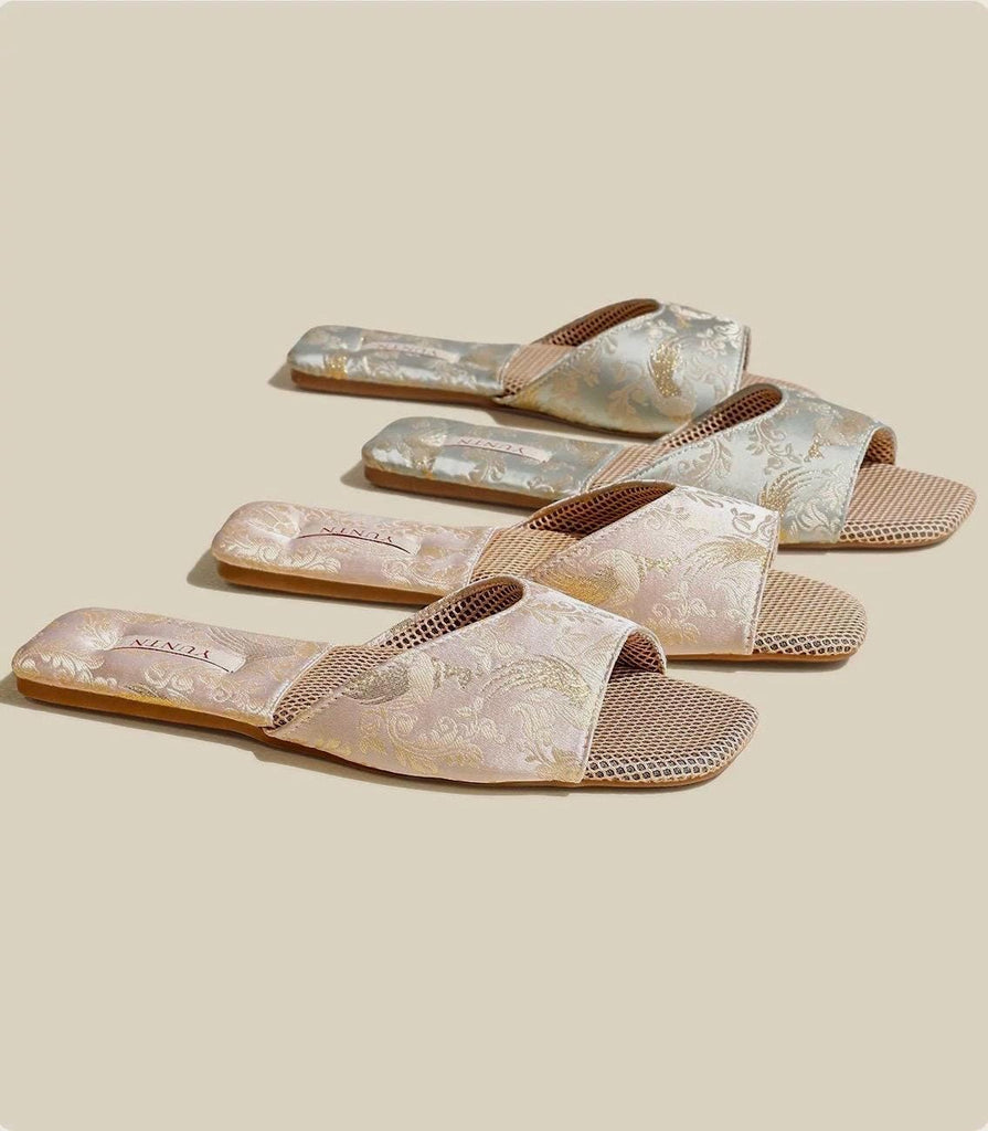 Oriental Satin Embroidered Slippers for Women Year-Round Anti-Slip House Shoes with Air Cushion Sole Elegant Silk Brocade Indoor Footwear